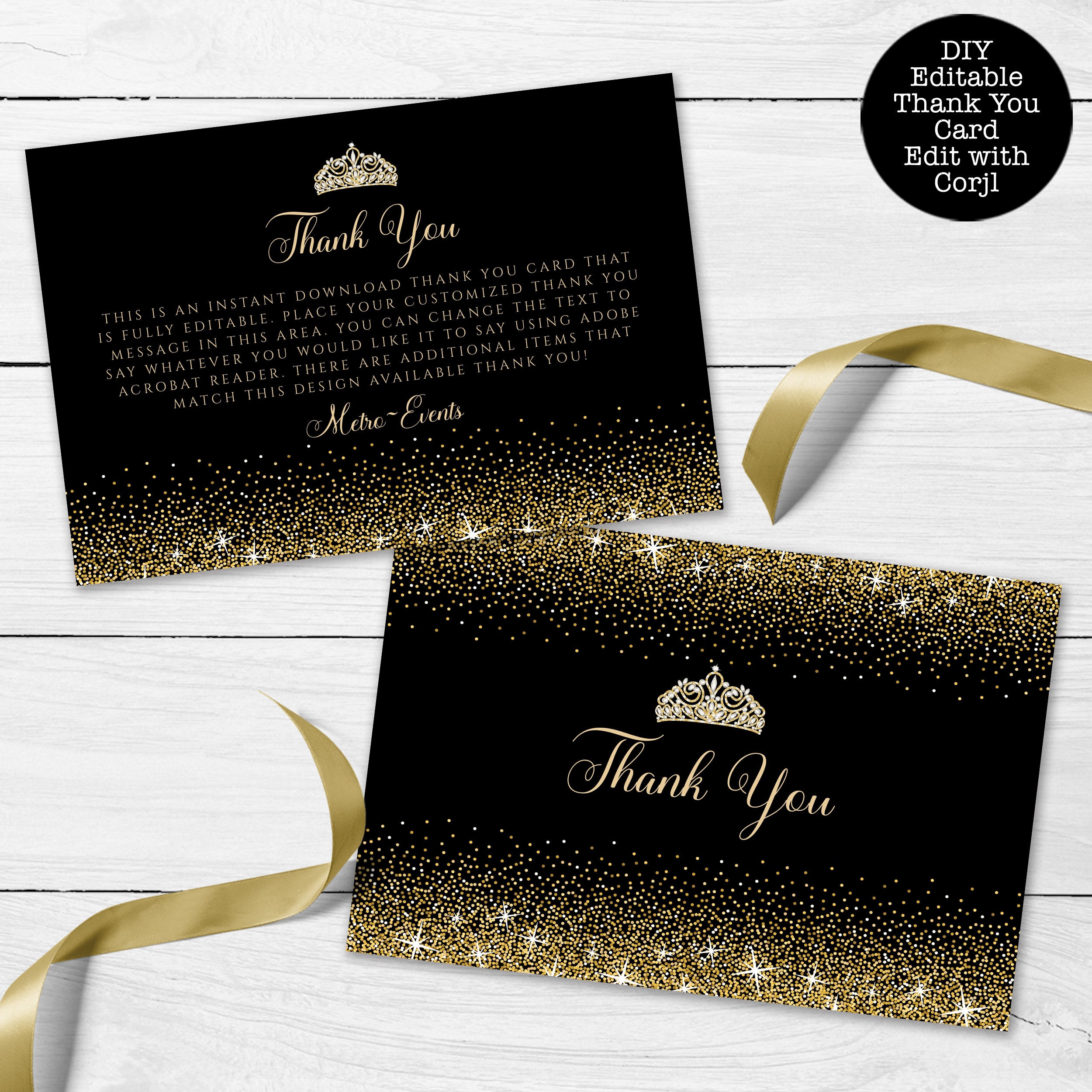 Black and Gold Glitter Thank You Card Black Thank You Card Etsy