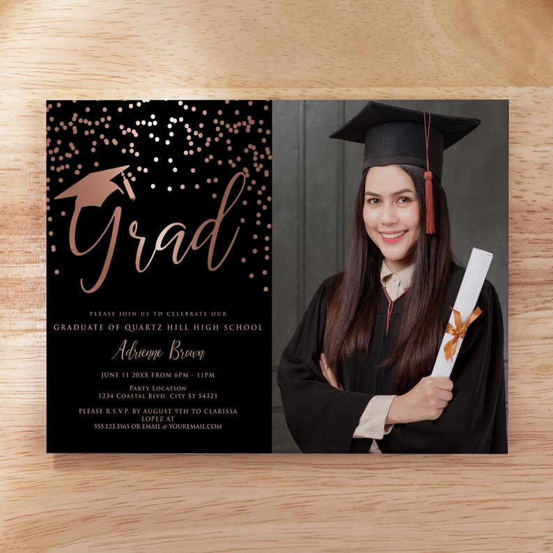 Printable Graduation Invitation Black Rose Gold Faux Foil Etsy