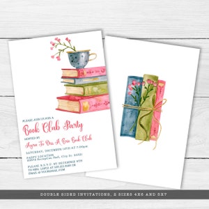 May include: A double-sided invitation card featuring watercolor illustrations of stacked books and a teacup with flowers. The text reads: PLEASE JOIN US FOR A Book Club Party HOSTED BY Agree To Diss A Brie Book Club SATURDAY, DECEMBER 14TH AT 7:00pm.