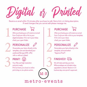 May include: An instructional graphic with pink text on a white background titled Digital or Printed. It outlines two processes: digital template editing with steps Purchase, Personalize, and Print, and a printed service with Purchase, Personalize, and Finished.