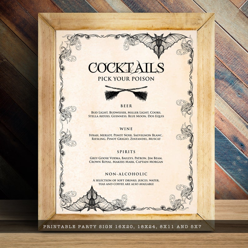 Vintage Witch Halloween Bar Menu. Let's get WICKED! Nothing says Halloween like a witch hat and broomsticks, this party theme features both with a lightly textured background and vintage accents. Designed By MetroEvents