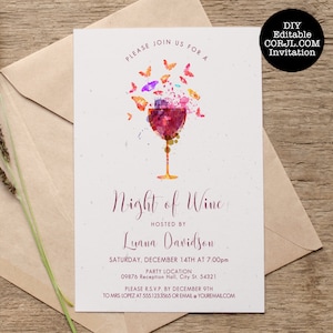 Wine Tasting Invitation, Butterfly Wine Tasting Party, Adult Invitations, Housewarming Invitations, Printable Invitations, Corjl Template