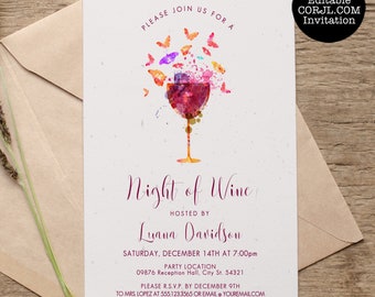 Wine Tasting Invitation, Butterfly Wine Tasting Party, Adult Invitations, Housewarming Invitations, Printable Invitations, Corjl Template