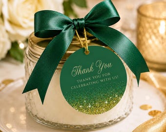 Editable Green and Gold Favor Tag Template, Printable 2 Inch Round Party Favor Tags, Thank You Gift Tag, Corjl Editable Download