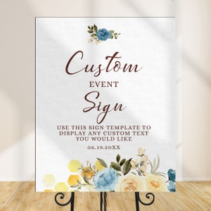 Bride-to-be Bridal Shower Bee-Themed Custom Sign with Blue and White Flowers, Honeycomb, and Bees. Personalized with your Text for a Unique and Charming Decor.