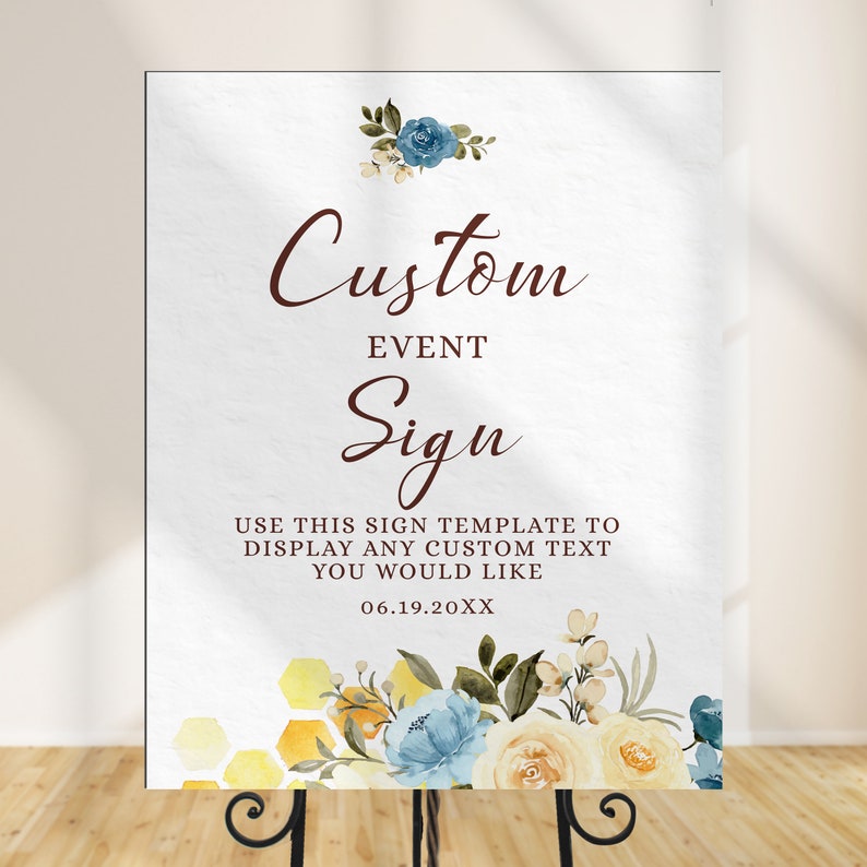 Bride-to-be Bridal Shower Bee-Themed Custom Sign with Blue and White Flowers, Honeycomb, and Bees. Personalized with your Text for a Unique and Charming Decor.