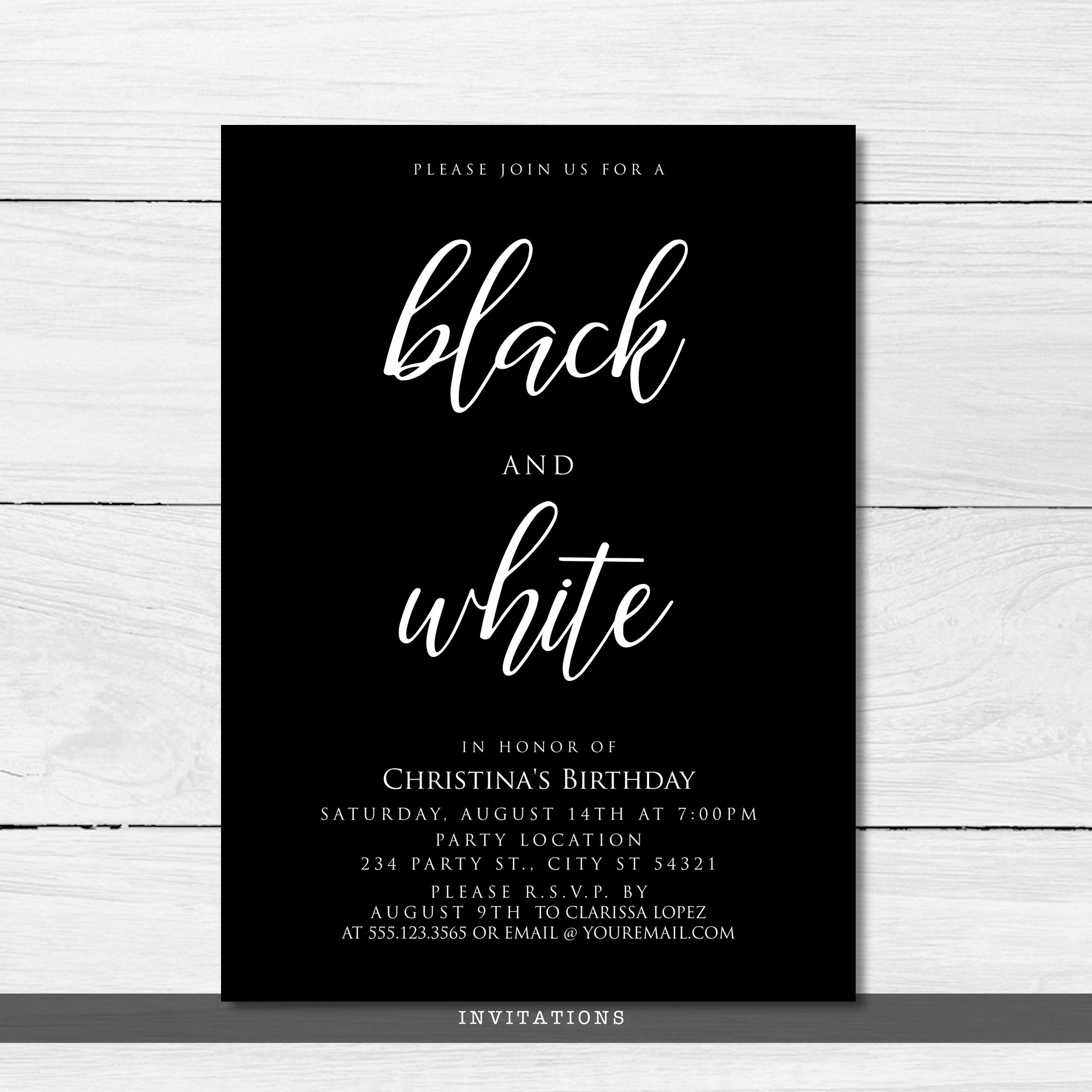 Elegant Black and White Party Invitations Adult Party | Etsy