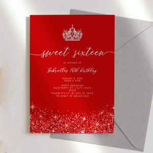 Red Glitter Sweet Sixteen Invitation: Ruby Crown, Sparkle Party (Digital Download)