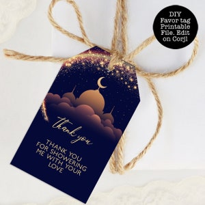 Modèle d'étiquette de cadeau mille et une nuits, étiquette cadeau en or bleu marine, étiquette de cadeau de fête arabe, étiquette de remerciement lune et étoiles image 6