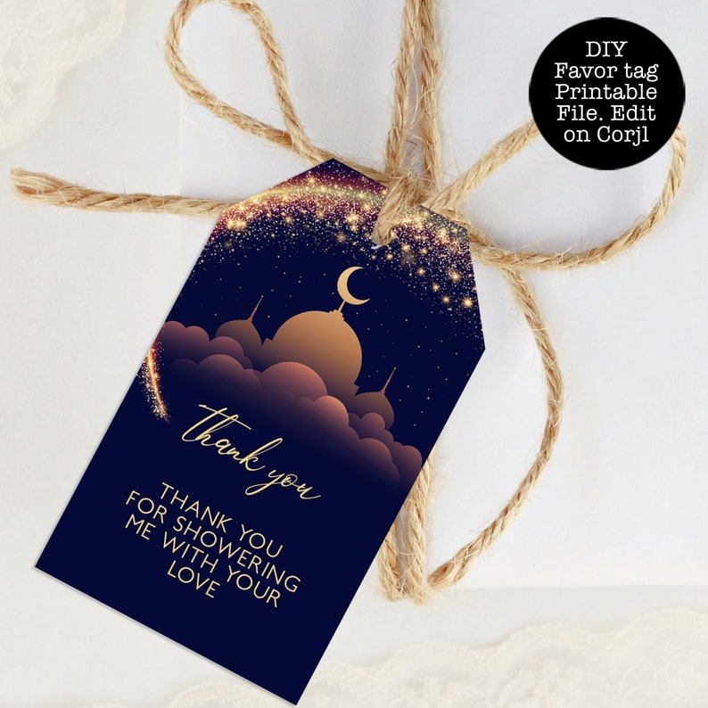 Modèle d'étiquette de cadeau mille et une nuits, étiquette cadeau en or bleu marine, étiquette de cadeau de fête arabe, étiquette de remerciement lune et étoiles image 6