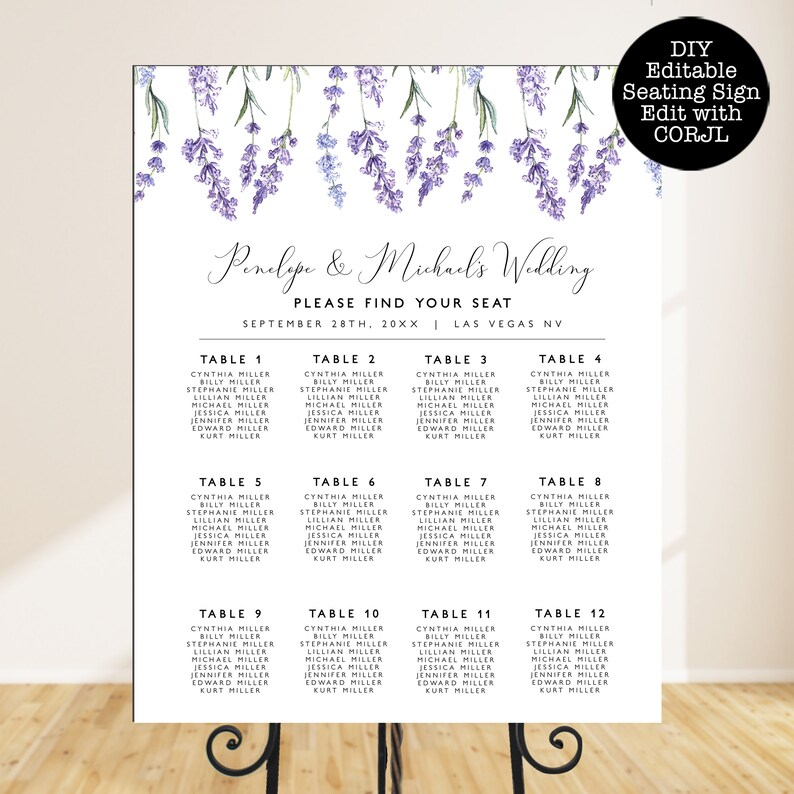 May include: A white wedding seating chart with lavender floral accents. The chart lists names under table numbers, with the text "Penelope & Michael's Wedding" and "Please Find Your Seat". Includes the text "DIY Editable Seating Sign Edit with CORJL".