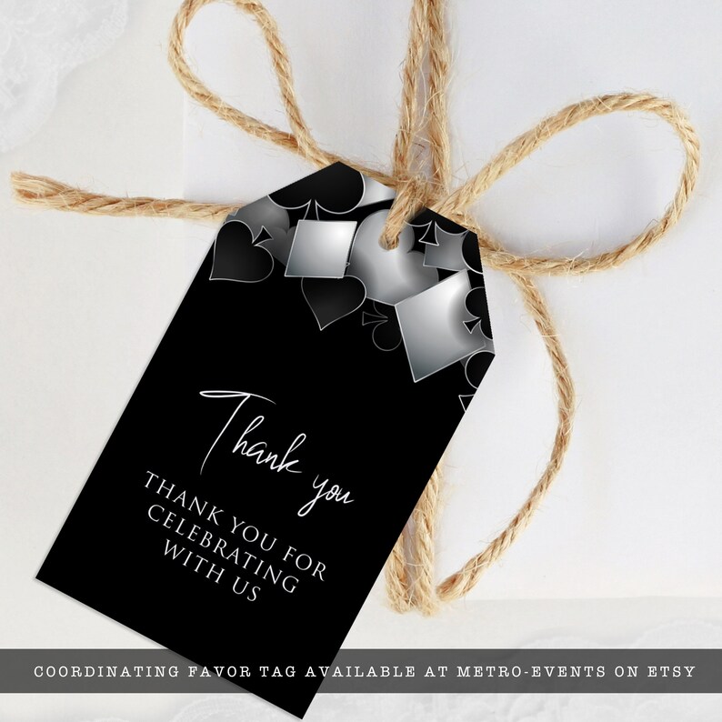 printable favor tag with Customizable Corjl Template Silver and Black Casino Night with Hearts Spades Clubs Diamonds Perfect for Birthday Party Favors and Decorations