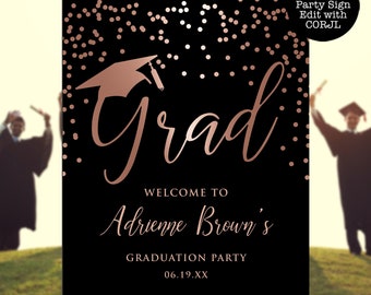 Rose Gold Welcome Sign, Graduation Party Sign, Graduate Sign, Printable Sign, Instant Download, School Graduation Sign, Corjl Template