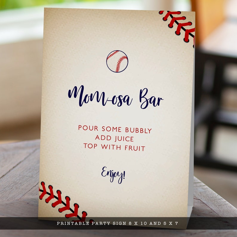 Vintage Baseball Baby Shower Mimosa SIgns and Labels. Created with a vintage texture background accented with baseball laces. Designed by MetroEvents.