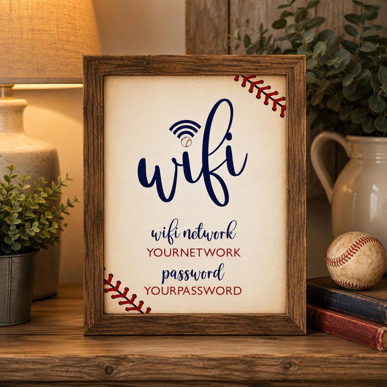 May include: A rectangular wooden frame containing a sign with the text wifi, wifi network, YOURNETWORK, password, and YOURPASSWORD. The design features a baseball stitch pattern in the corners and a small baseball icon above the word wifi.
