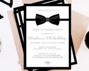 Black Tie Cocktail Party Invitations, Adult Party Invitations, Black and White Party, Black Tie Printable, Printable Invitations, Tux Themed