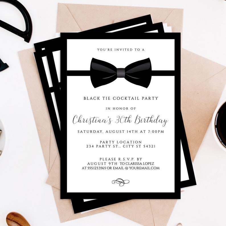 Editable black and white invitation great for galas, black tie weddings, charity auctions, corporate parties & more. Featuring a tuxedo bowtie and elegant, editable typography. Designed by MetroEvents.
