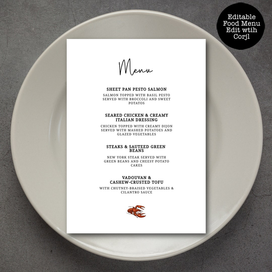Lobster Fest Food Menu, Seafood Menu, Lobster Themed Menu, Dinner Menu