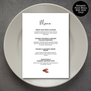 Lobster Fest Food Menu, Seafood Menu, Lobster Themed Menu, Dinner Menu, Editable Menu, Instant Download, Printable Menu, Corjl Menu Template