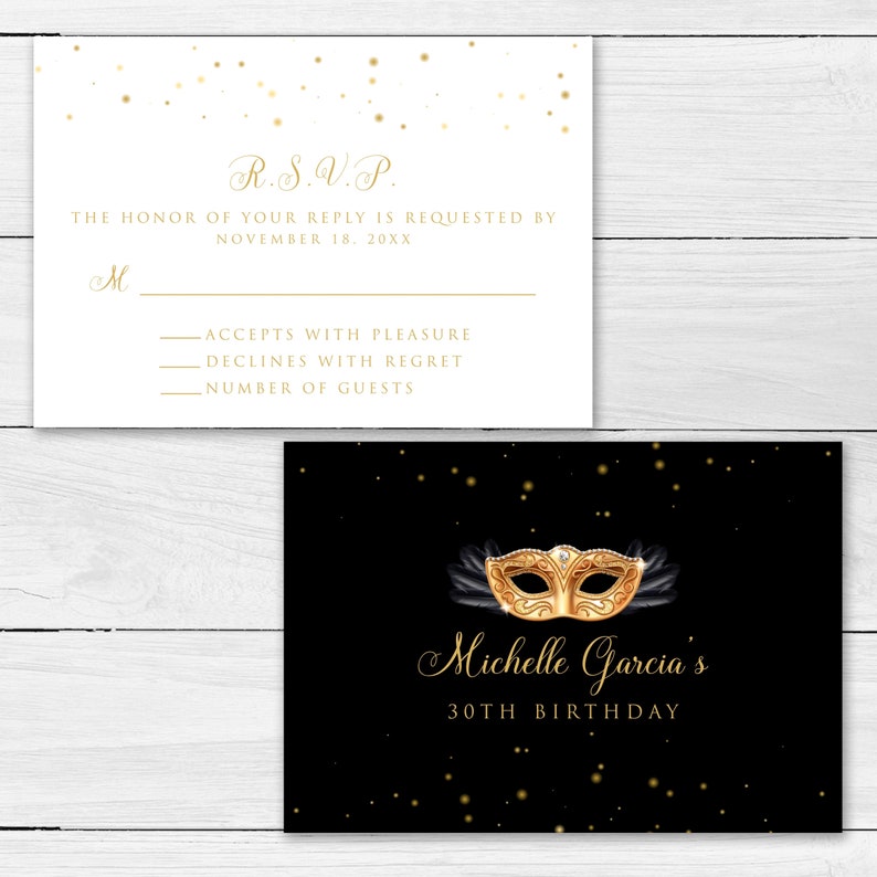 May include: A black and gold RSVP card with gold confetti. The card has the text "R.S.V.P." and "The honor of your reply is requested by November 18, 20XX". There are lines for the guest to write their name, whether they accept or decline, and the number of guests.