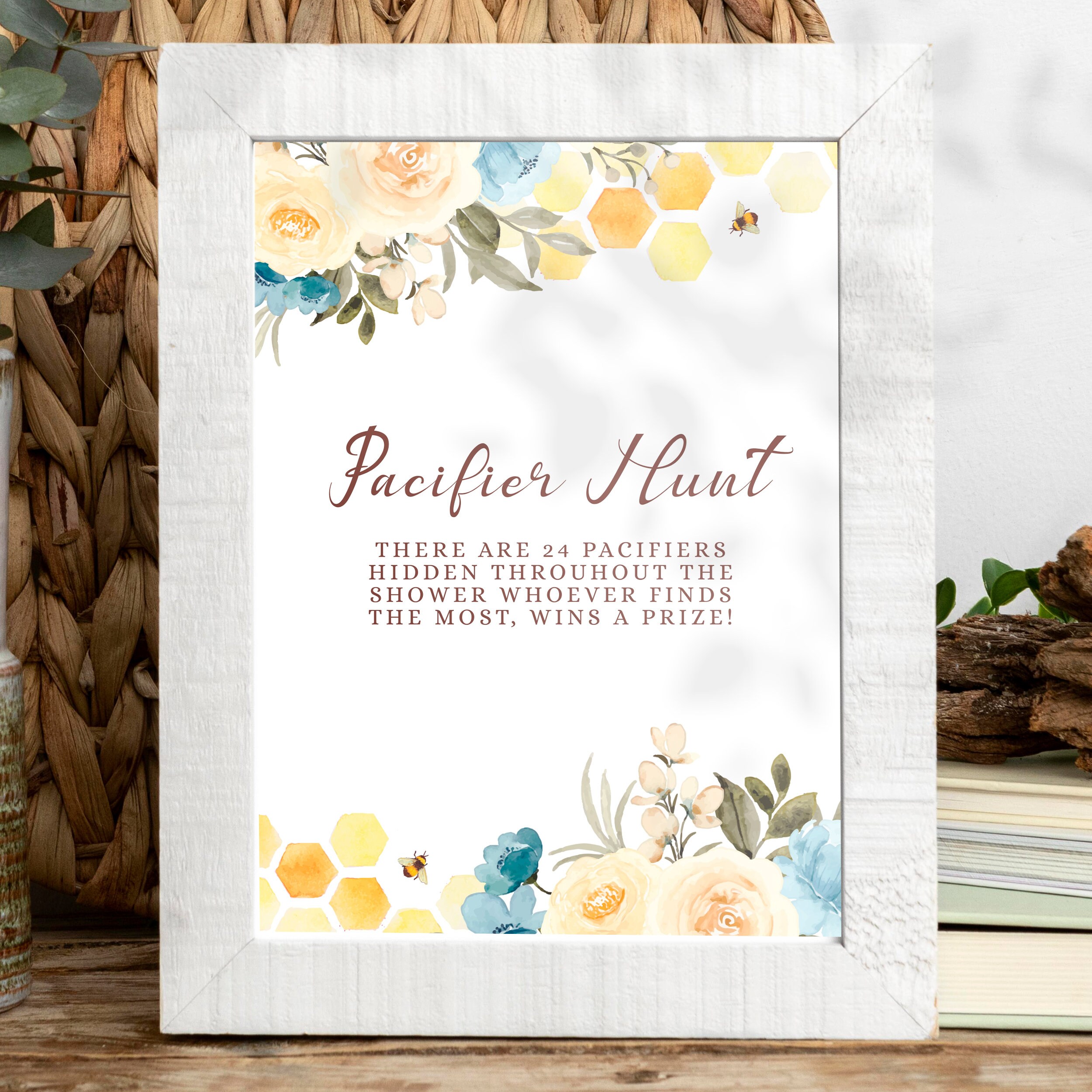Pacifier Hunt Sign, Blue and Yellow Floral Bee Sign, Instant Download ...