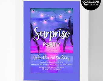 Beautiful Sunset Party Invitation, Beach Party Invitations, Printable Invitation, Corjl Template, Blue Sunset Invitations, Tropical Invites