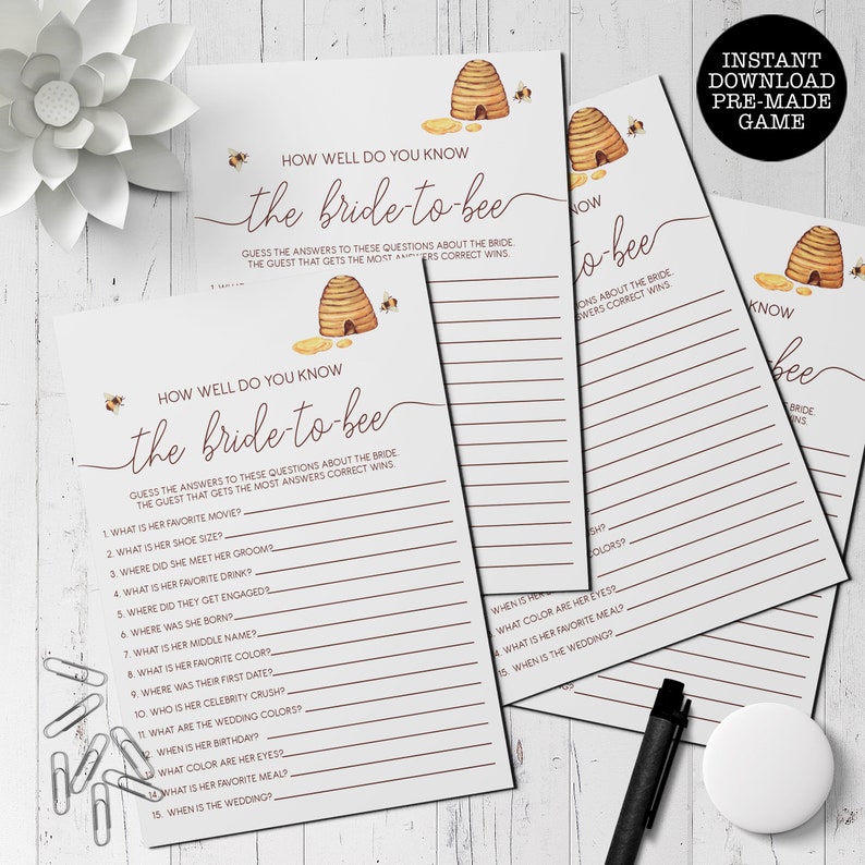 Bride to Bee Bridal Shower Game, How Well Do You Know The Bride, Bee Themed Games, Instant Download, Shower Game, Printable Game, Download image 1