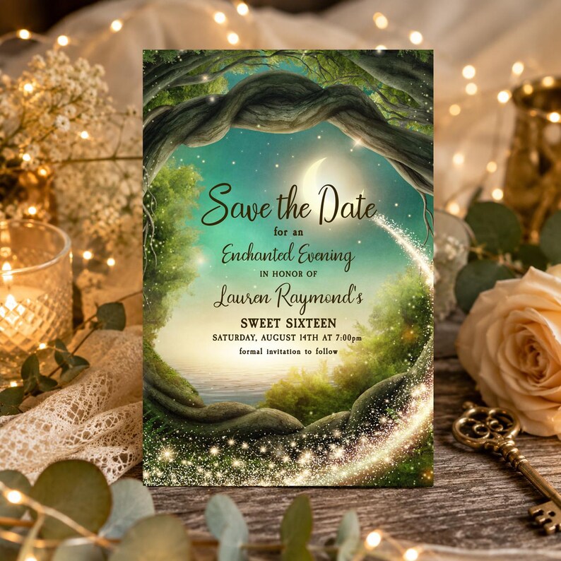 Op de afbeelding: Een rechthoekige Save the Date-kaart met een bossc&egrave;ne met gedraaide boomtakken die een gloeiende maanverlichte lucht, water en sprankelende lichtsporen omlijsten. De tekst luidt: Save the Date for an Enchanted Evening in honor of Lauren Raymond's SWEET SIXTEEN SATURDAY, AUGUST 14TH AT 7:00pm formal invitation to follow.