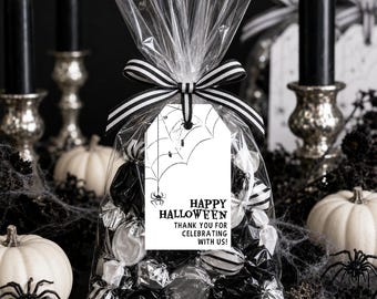Halloween Favor Tag Template, Spiderweb Gift Tag, Black and White Party Favor, Editable Corjl Printable, Trick or Treat Tag