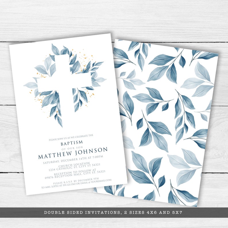 Blue Foliage Baptism Invitation, Baptism Invites, Printable Invitations, Instant Download, First Communion Invite, Christening announcements image 3