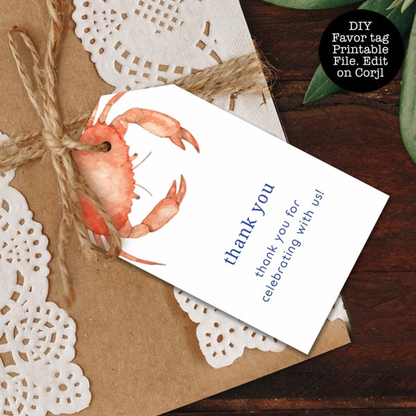 Crab Themed Favor Tags, Beach Gift Tag, Orange Crab Favor Tag, Printable Thank You Tag, Gift Tag Template, Seaside Favor Tag, Corjl Template