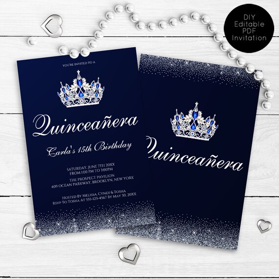 Quinceanera Invitations, Glitter Quinceanera Invitations, Sapphire Blue Quinceanera Invitations, Printable Quince Invitations Il_570xn