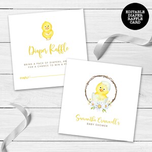 May include: Two white baby shower raffle cards with yellow text and illustrations. One card says "Diaper Raffle" with a chick illustration. The other says "Samantha Cromwell's Baby Shower" with a chick in an egg illustration.