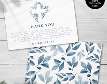 Blue Baptism Thank You Cards, Custom Thank You Card, Gratitude Card, Thank You Note, Cross Card, Printable Thank You Card, Personalized Card