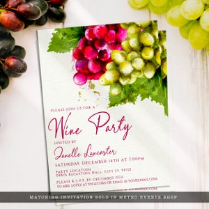 Housewarming, book club, girls' night? Wine night is a perfect theme for many occasions. This invitation is created with red and green grapes with a watercolor texture on a lightly textured background.