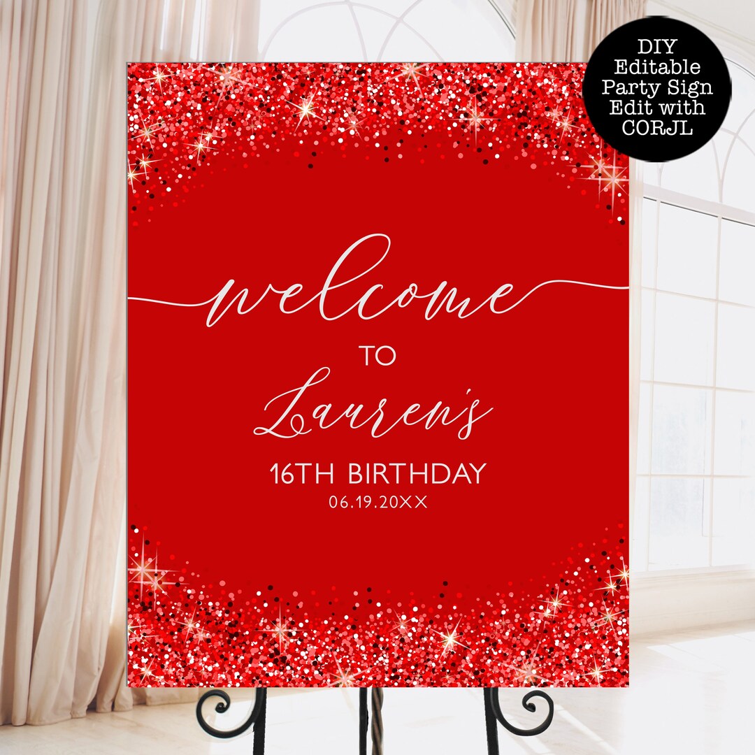 Welcome Message Red Red Glitter Welcome Sign: Editable Party Decor (instant Download) - Etsy