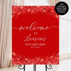 Red Glitter Welcome Sign: Editable Party Decor (Instant Download)