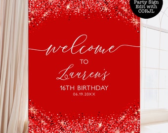 Red Glitter Welcome Signs, Editable Party Signs, Instant Download, Custom Red Glitter Signs, Printable Party Signs, Corjl Template, Download