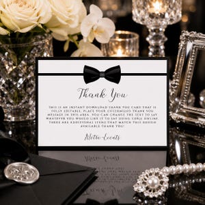 May include: A rectangular white thank you card featuring a black horizontal line and a black bow tie graphic at the top. The text reads Thank You, followed by instructions for an instant download and editing, and the brand name Metro-Events.