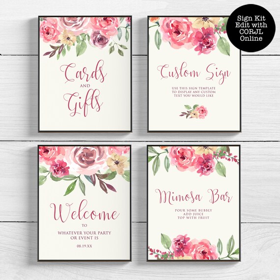 Floral Bridal Shower Sign Kit, Peach Floral Signs, 4 Printable Wedding Signs, Floral Party Sign, Printable Signs, Pink Floral Party Decor Il_570xn