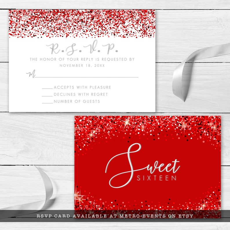 Sweet Sixteen Glam Party RSVP Card. A sparkling party collection featuring flowing typography on a red glittery background. Created By MetroEvents.