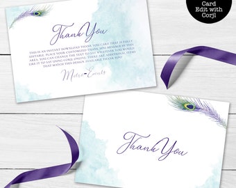 Purple Peacock Thank You Cards, Thank You Card, Watercolor Peacock Thank you cards, Corjl Template, Printable, DIY, Instant Download, Purple