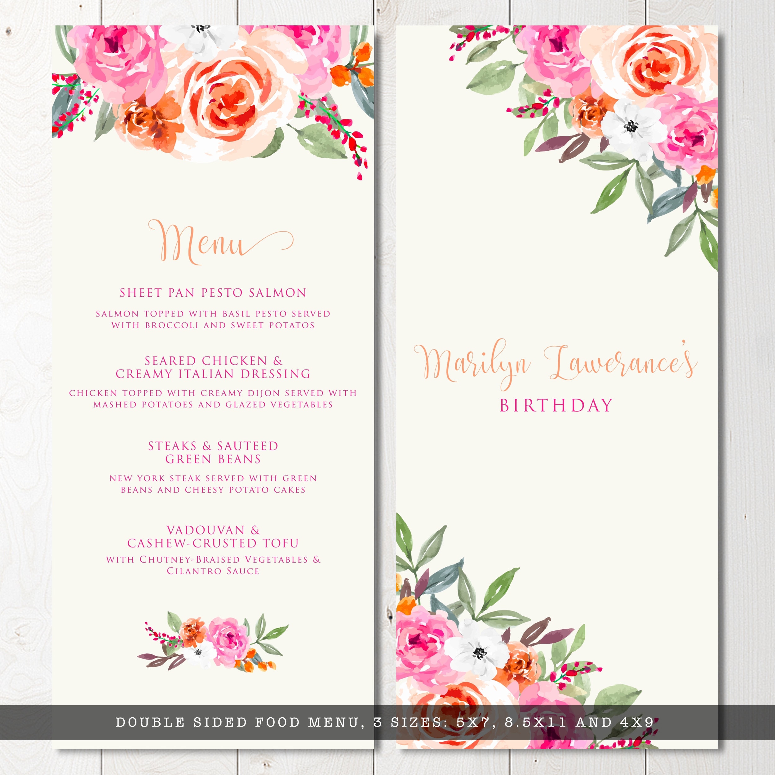 Hot Pink and Orange Food Menu Floral Menu Food Menu Dinner Etsy
