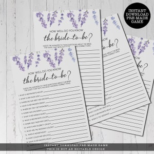 Purple Lavender Bridal Shower Game, How Well Do You Know The Bride, Themed Games, Instant Download, Shower Game, Printable Game, Download