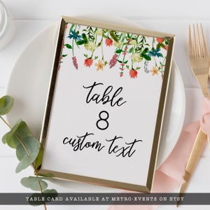 Wildflower Boho Watercolor Bridal Shower table card - Customizable Corjl Template for DIY Printing. Unique Floral Design with Personalized Details.