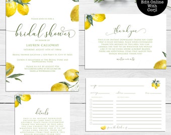 Lemon Bridal Shower Invitations Set, Bridal Shower Invitations Thank You Card, Enclosure Card, Recipe Card, Printable File, Instant Download