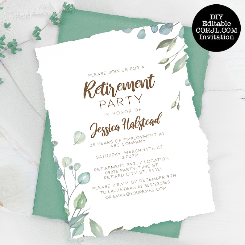 Greenery, Cottagecore-Style party decorations, and invitations. Features soft green leaves covering the corners with a watercolor-style texture. Designed By MetroEvents.