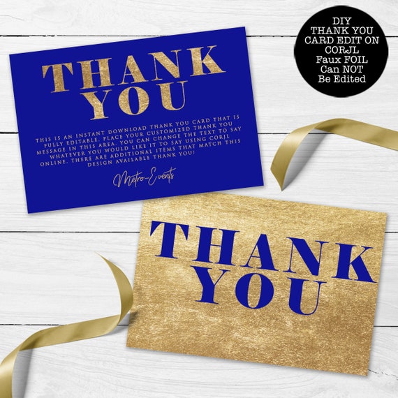 Blue and Gold Foil Thank You Card, Faux Gold Thank You Card, Custom