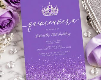 Purple Glitter Quinceañera Invitation Template, Editable Purple Sweet 16 Invite, Elegant Silver Glitter Birthday Invitation, Corjl Download