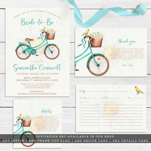 Rustic Bicycle and Daisy-Themed Bridal Shower Invitation Kit. This whimsical design is created with a vintage teal green bicycle with daisy accents and a yellow canary. Designed By MetroEvents.